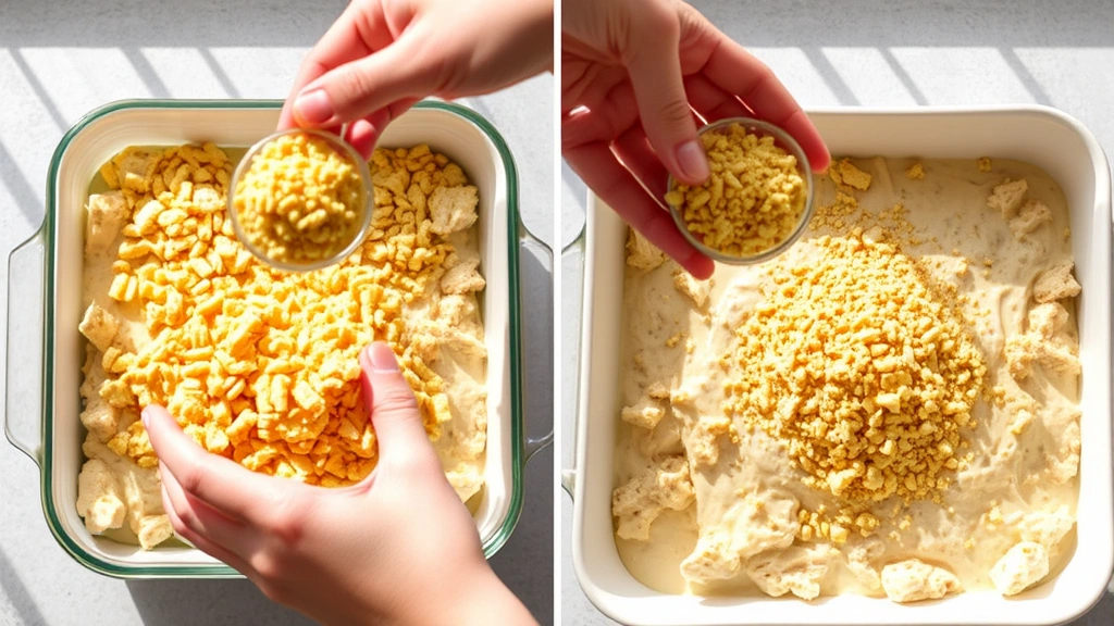 process: hands sprinkling buttery Ritz cracker mixture over creamy chicken filling in baking dish, overhead angle, natural sunlight, mid-preparation shot