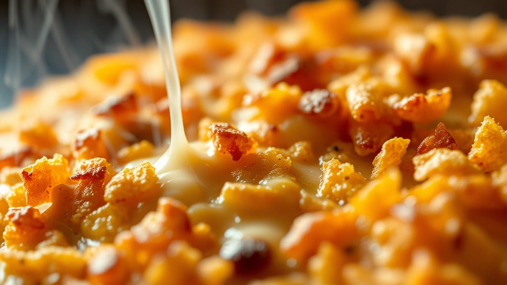 detail: close-up macro shot of golden crispy Ritz topping with melted cheese, steam wisps, showing texture and crispness, shallow depth of field, warm lighting