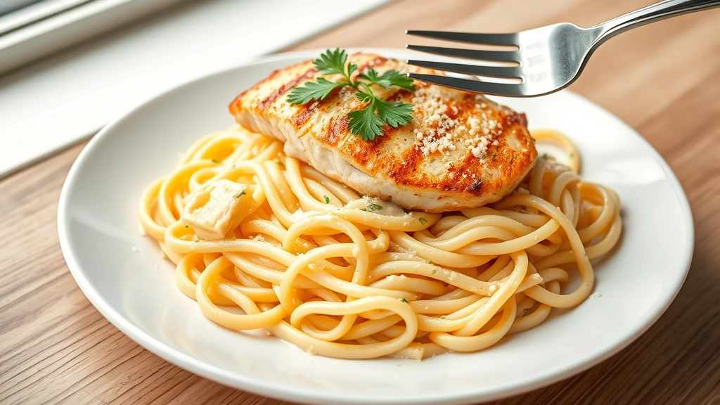 hero: creamy chicken fettuccine alfredo on white plate, golden seared chicken breast on top, fresh parsley garnish, grated Parmigiano-Reggiano, fork twirling pasta, photorealistic, natural window light, no text