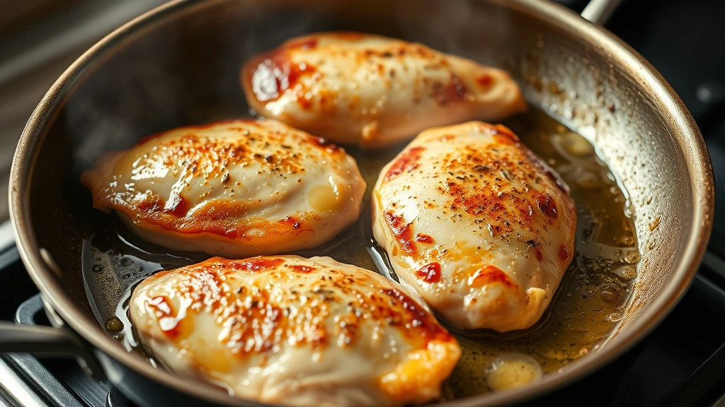process: pan-searing golden chicken breasts in skillet with oil, steam rising, photorealistic, natural kitchen light, no text