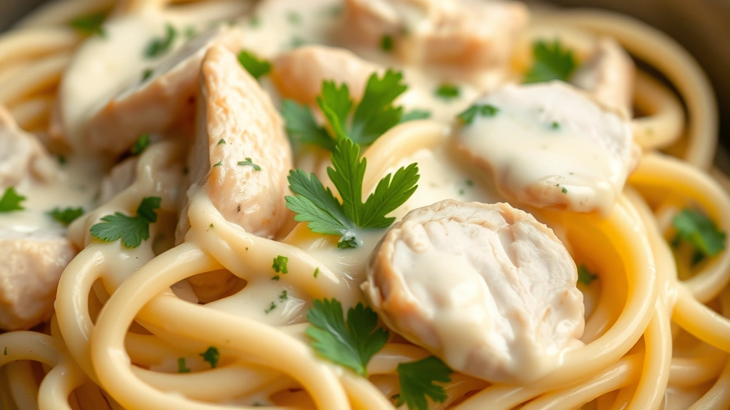 detail: close-up of silky alfredo sauce coating fettuccine noodles with sliced chicken and fresh parsley, photorealistic, shallow depth of field, natural light, no text