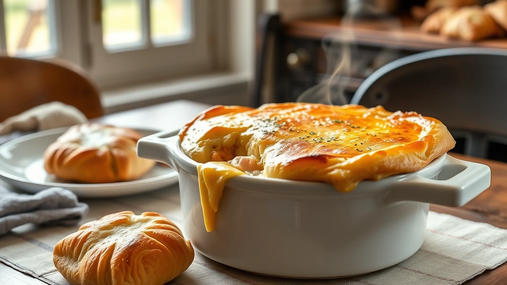 hero: golden-topped chicken pot pie in white ceramic dish, steam rising, rustic farmhouse table setting, natural window light, freshly baked puff pastry, photorealistic, no text