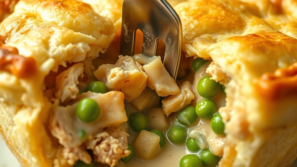 detail: close-up cross-section of chicken pot pie showing flaky golden crust, creamy filling with chicken and peas, steam visible, fork piercing crust, photorealistic, natural light, no text