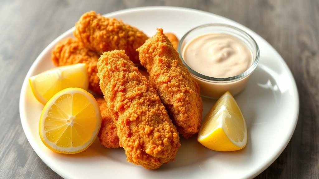 hero: golden crispy chicken tenders on white plate with lemon wedges and dipping sauce, photorealistic, natural daylight, no text