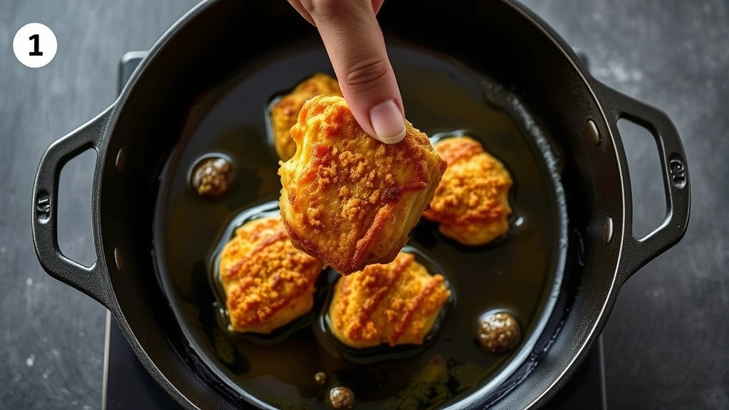 process: hand dipping breaded chicken into hot oil in cast iron skillet, golden oil sizzling, photorealistic, natural light, no text