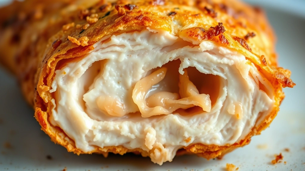 detail: close-up of cross-section of cooked chicken tender showing juicy inside and crispy golden coating, photorealistic, natural light, no text
