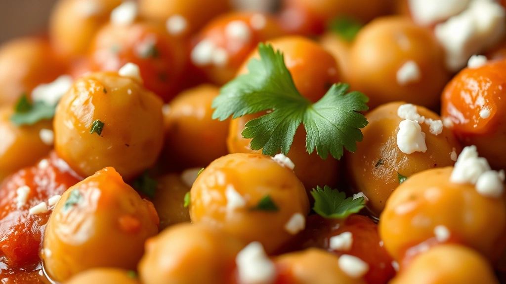 detail: close-up macro shot of individual chickpeas glistening with sauce, fresh parsley leaf and cilantro on top, creamy tomato sauce coating, shallow depth of field with blurred feta cheese background, natural soft lighting, appetizing food styling, no text