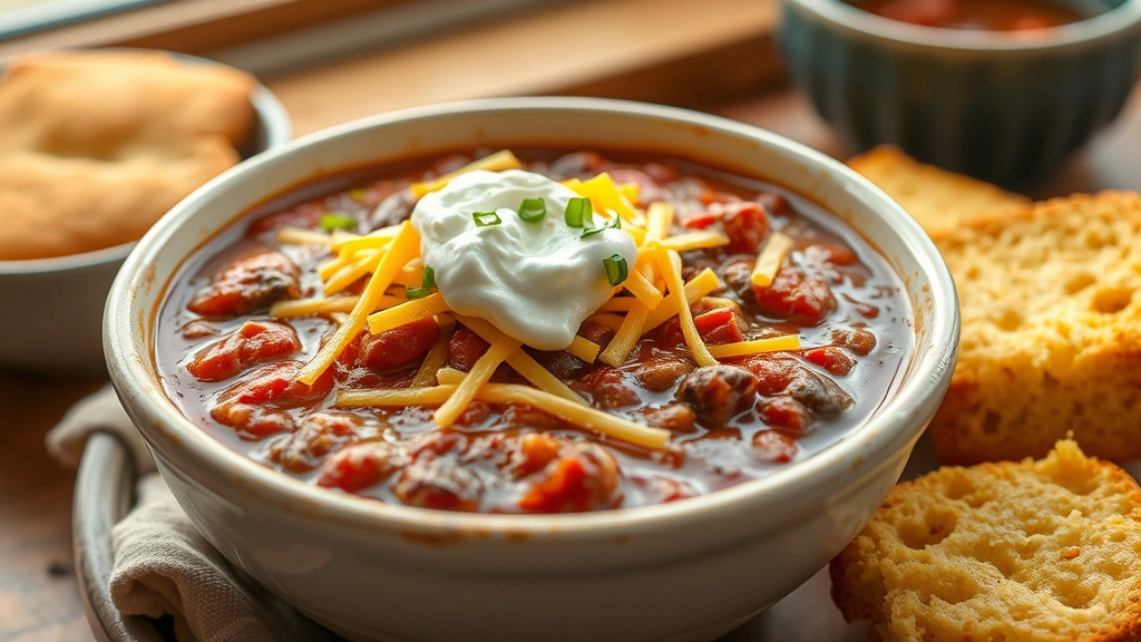 hero: steaming bowl of homemade chili topped with melted cheddar cheese and sour cream, served in a rustic white bowl with cornbread on the side, photorealistic, warm natural window light, no text