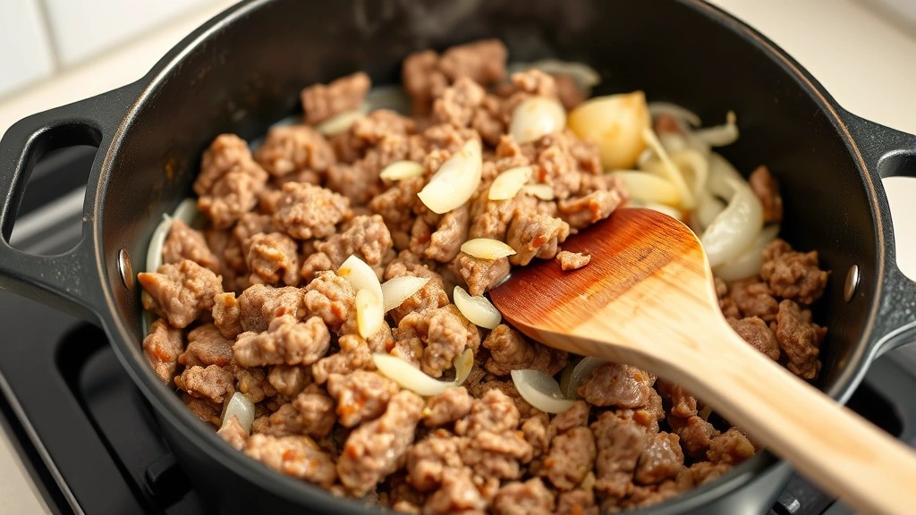 process: ground beef browning in cast iron pot with onions and garlic, wooden spoon stirring, photorealistic, bright kitchen lighting, no text