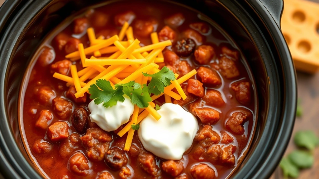 hero: bowl of slow cooker chili topped with shredded cheddar cheese, sour cream, and fresh cilantro, photorealistic, natural light, warm and inviting, no text