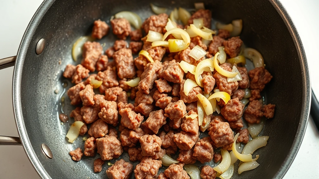 process: ground beef browning in skillet with onions and garlic, photorealistic, natural light, active cooking, no text