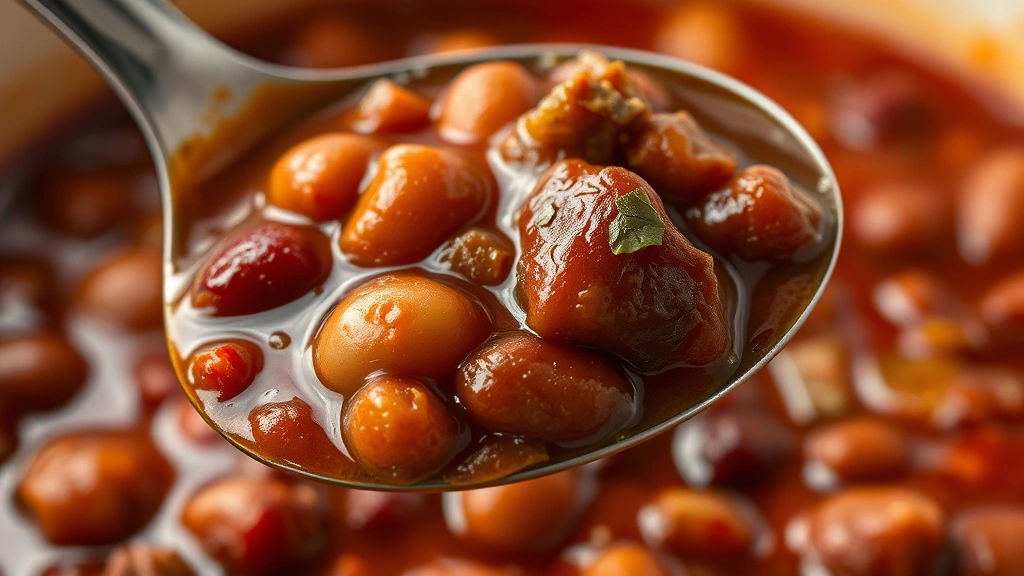 detail: close-up spoonful of chili showing beans and meat texture, photorealistic, natural light, no text