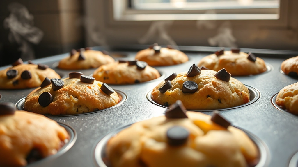 hero: freshly baked chocolate chip muffins in a muffin tin, golden brown with melted chocolate chips on top, warm steam rising, natural daylight from window, close-up angle showing texture and detail, no text or watermarks