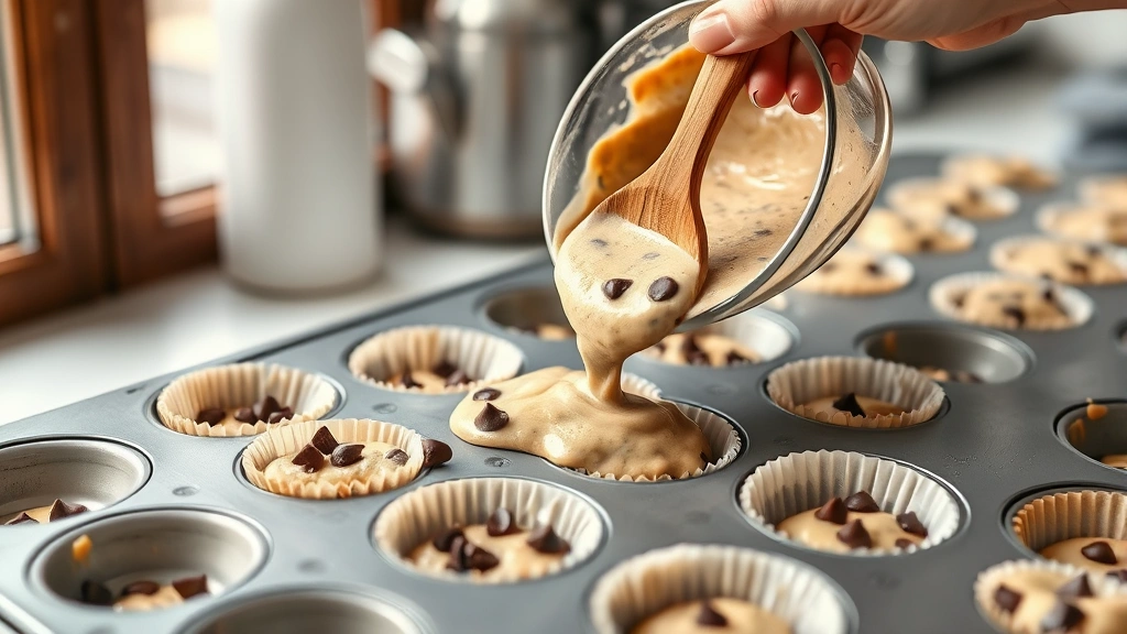 process: pouring chocolate chip batter into muffin liner in tin, hand with wooden spoon, chocolate chips visible in batter, kitchen counter setup, natural window light, photorealistic style, no text