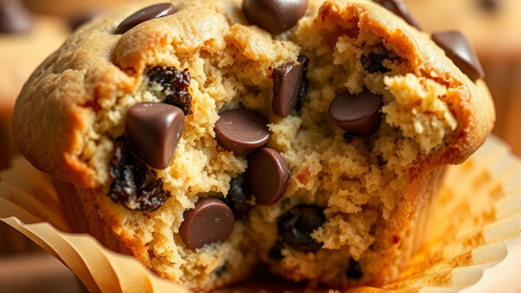detail: close-up of single chocolate chip muffin with bite taken out showing fluffy interior crumb structure, melted chocolate chips visible, muffin wrapper partially peeled back, shallow depth of field, natural lighting, no text