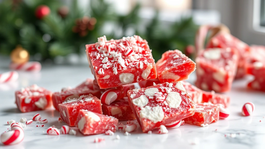 hero: finished Christmas Crack candy broken into pieces with crushed candy cane topping, festive red and white colors, close-up on a white marble surface, natural daylight from window, holiday garland blurred in background