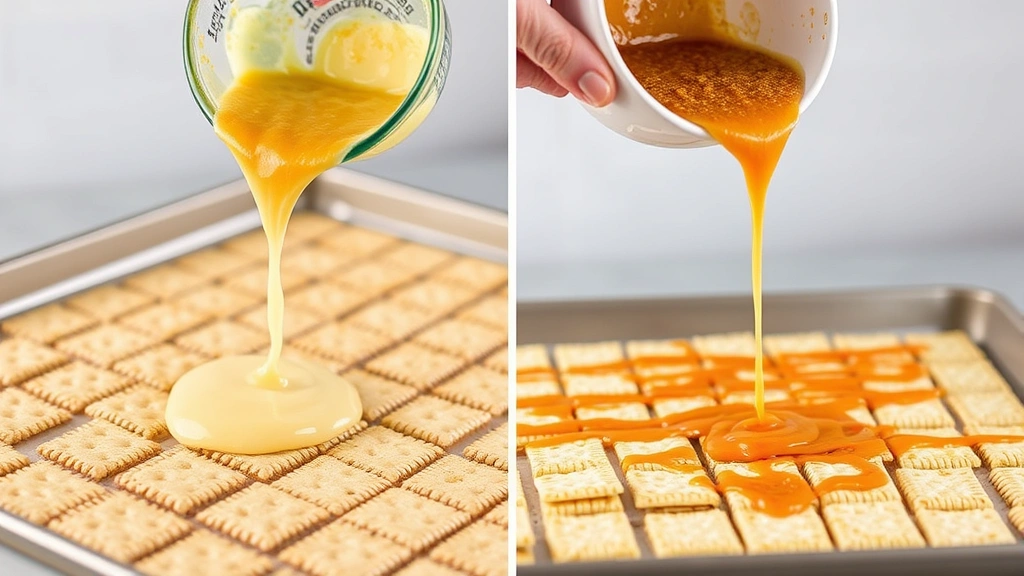 process: pouring melted butter and brown sugar mixture over saltine crackers on baking sheet, drizzle action shot, warm golden toffee layer, natural kitchen lighting
