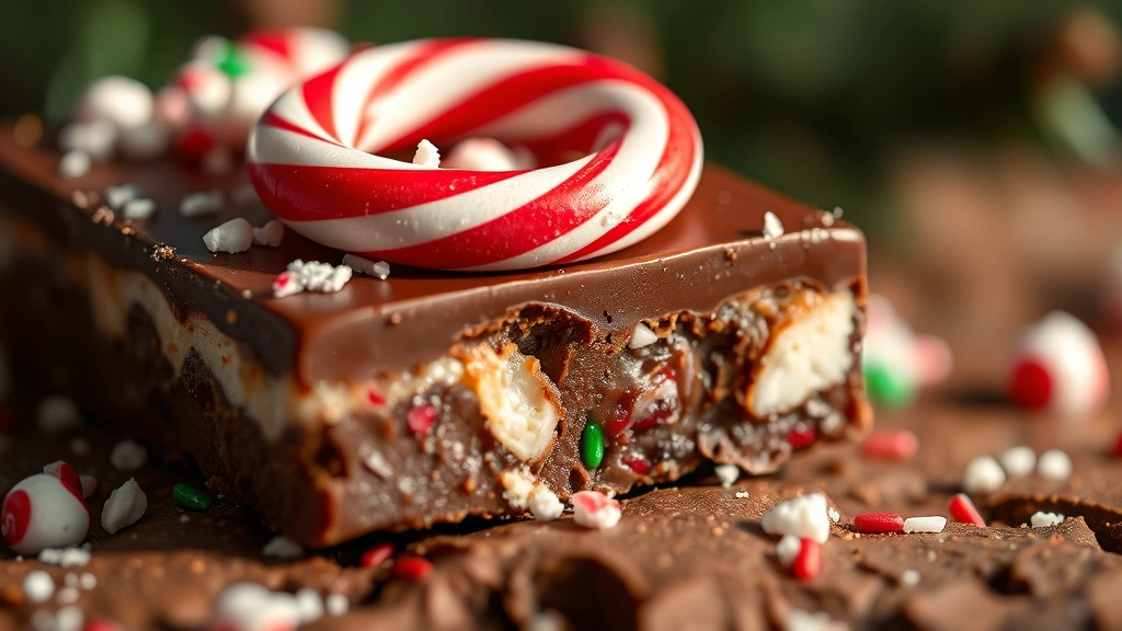 detail: close-up of chocolate layer with candy cane topping on Christmas Crack, sprinkles and crushed candy visible, shallow depth of field, warm natural light highlighting texture