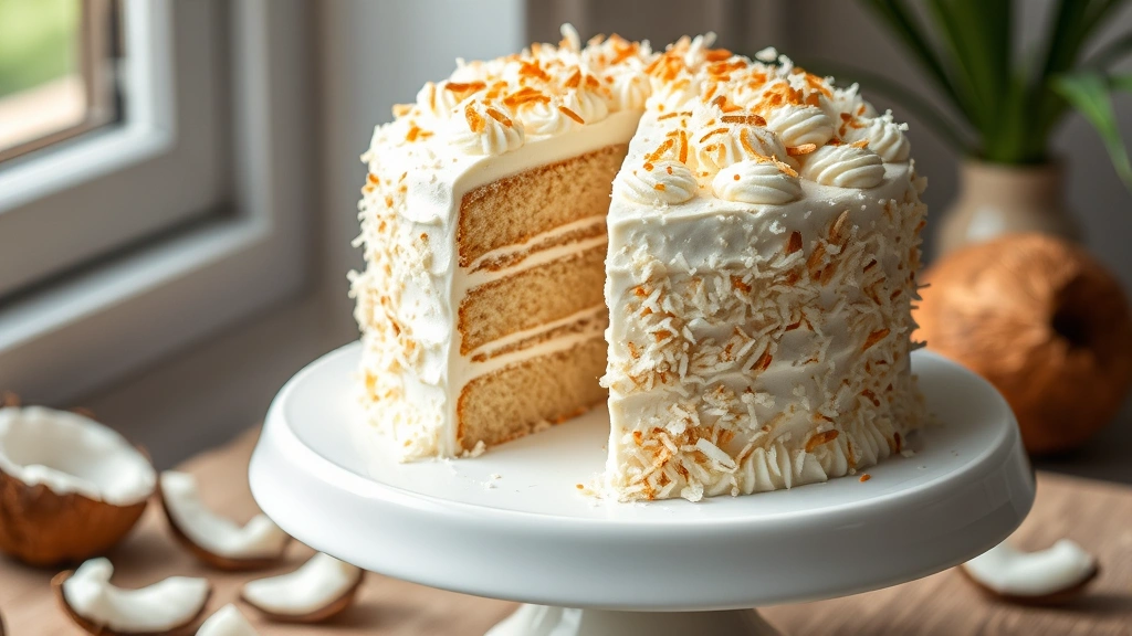 hero: Whole coconut layer cake with white frosting and toasted coconut garnish, sliced to show moist interior, natural window light, on white cake stand with fresh coconut pieces nearby, photorealistic, no text