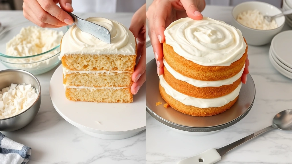 process: Hands frosting two golden cake layers with white coconut buttercream using offset spatula, coconut shreds visible in mixing bowl, baking ingredients arranged on marble counter, photorealistic, natural kitchen light, no text