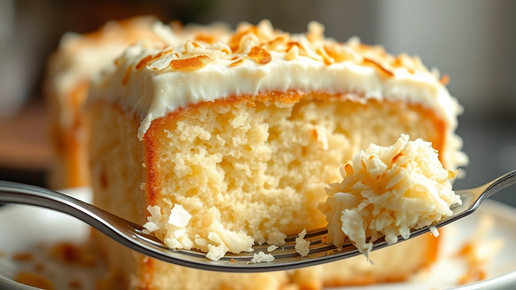 detail: Close-up of sliced coconut cake showing tender crumb structure and thick frosting layer, toasted coconut garnish on fork, bokeh background, photorealistic, warm natural light, no text