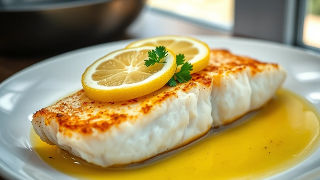 hero: pan-seared cod fillet with golden crispy skin, topped with fresh lemon slice and parsley, buttery pan sauce, white plate, photorealistic, natural bright window light, no text