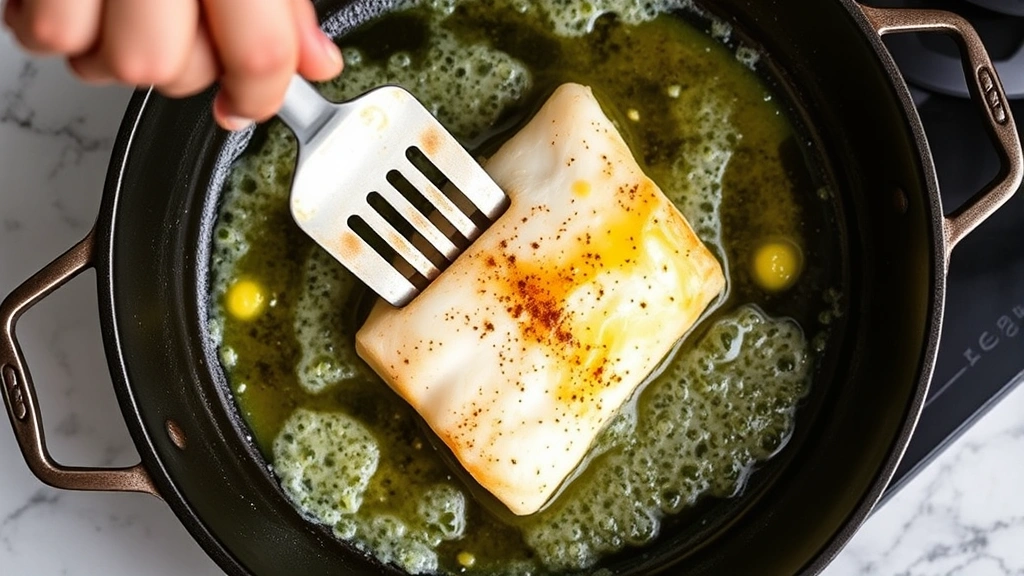 process: hand flipping golden cod fillet in skillet with spatula, foaming butter and garlic, photorealistic, close overhead angle, natural light, no text