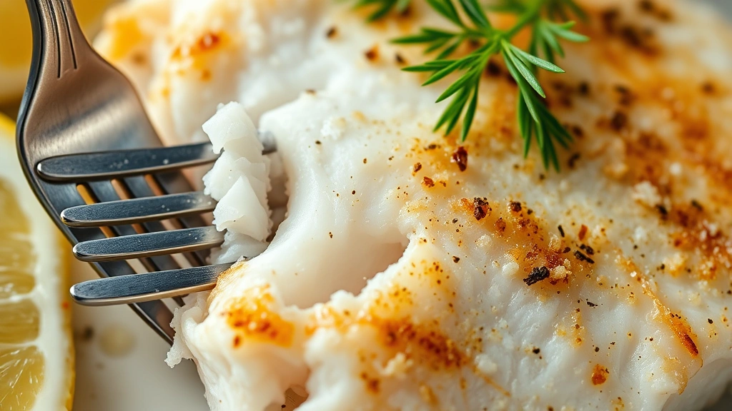 detail: close-up of flaky cod texture with fork, golden skin crispy detail, lemon wedge and fresh dill, photorealistic, macro photography, natural light, no text