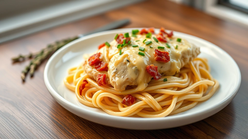 hero: plated crack chicken with creamy bacon cheddar sauce over pasta, garnished with fresh chives and thyme, served on white ceramic plate, soft natural window light, shallow depth of field, professional food photography