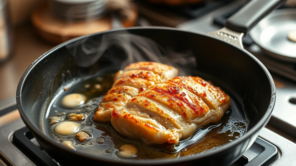 process: searing golden chicken breast in cast iron skillet with melted butter and bacon fat, professional kitchen setting, warm natural light, steam rising from pan, close framing