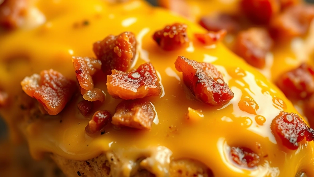 detail: close-up macro shot of melted sharp cheddar cheese and crispy bacon bits in creamy sauce coating chicken, rich golden color, shallow depth of field, natural diffused lighting, food styling