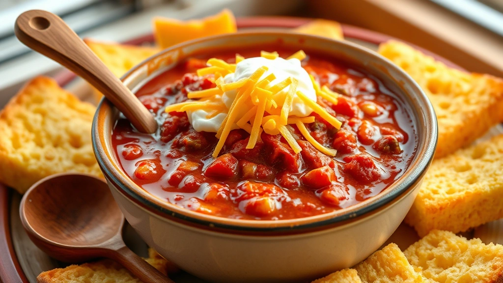 hero: steaming bowl of rich red chili topped with shredded cheddar cheese and sour cream, surrounded by cornbread and wooden spoon, photorealistic, warm natural light from window, no text