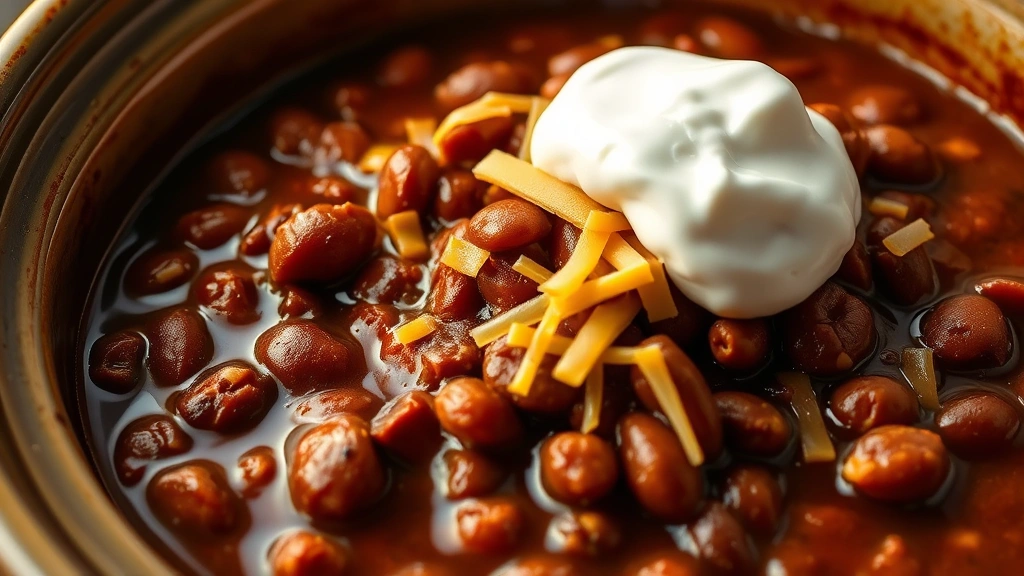 detail: close-up of crockpot chili with beans visible, melting cheese and sour cream dollop on top, photorealistic, warm overhead lighting, no text