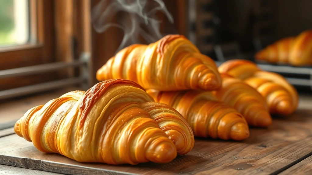 hero: golden-brown croissants fresh from oven, flaky layers visible, steam rising, natural window light, rustic wooden table, no text