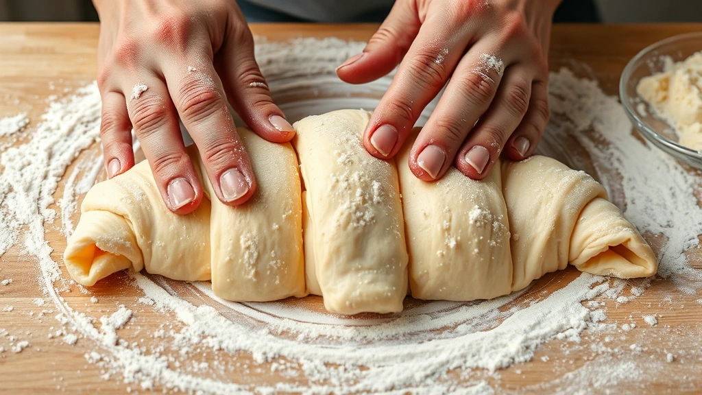 process: hands folding laminated croissant dough, butter layers visible, flour dusting, close action shot, natural light, no text