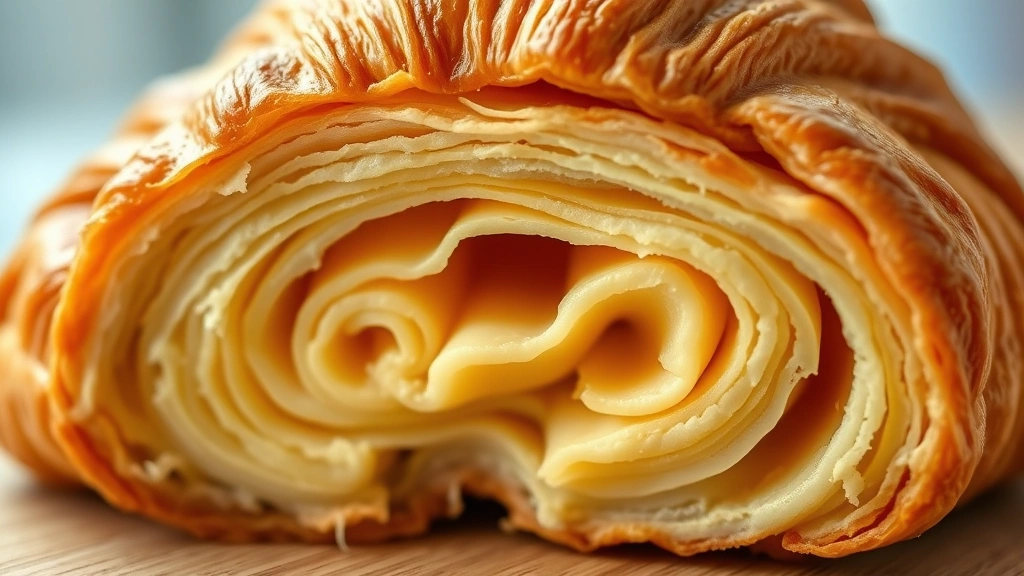 detail: cross-section of baked croissant showing perfect flaky layers, warm interior, golden exterior, shallow depth of field, natural light, no text