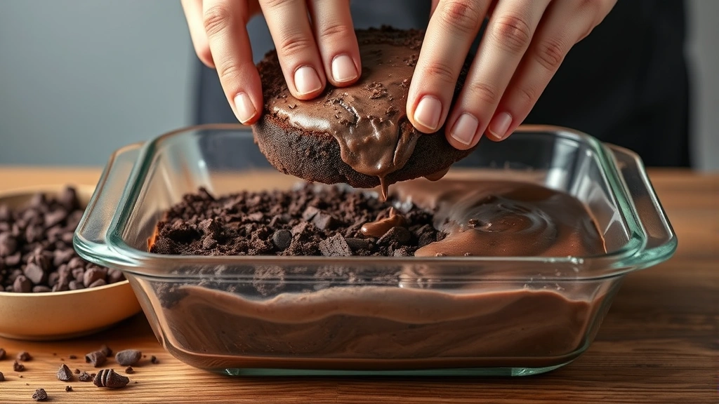 process: hands layering crushed chocolate cake and chocolate pudding in glass dish, photorealistic, natural light, no text