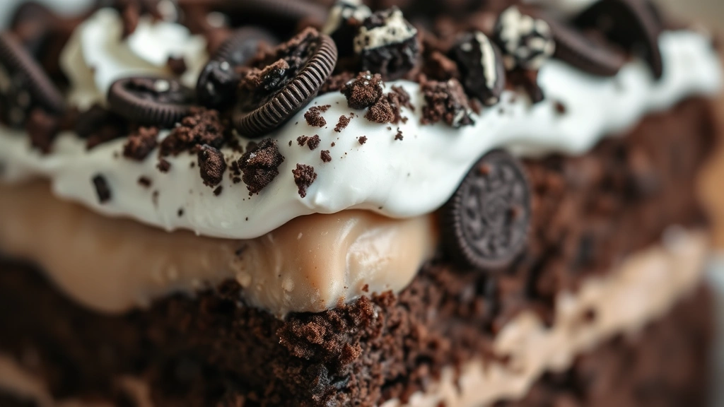 detail: close-up cross-section of dirt cake showing all layers—chocolate cake crumbles, smooth pudding, fluffy whipped cream, crushed Oreos—photorealistic, natural light, no text