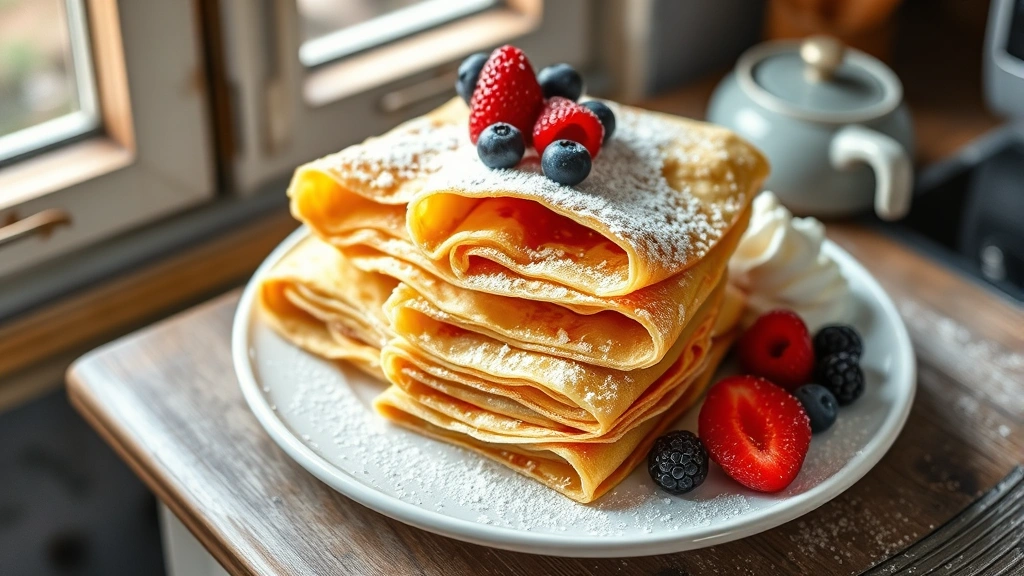 hero: golden French crêpes stacked on a white ceramic plate, dusted with powdered sugar, fresh berries and whipped cream on the side, natural window light, overhead shot, rustic kitchen setting