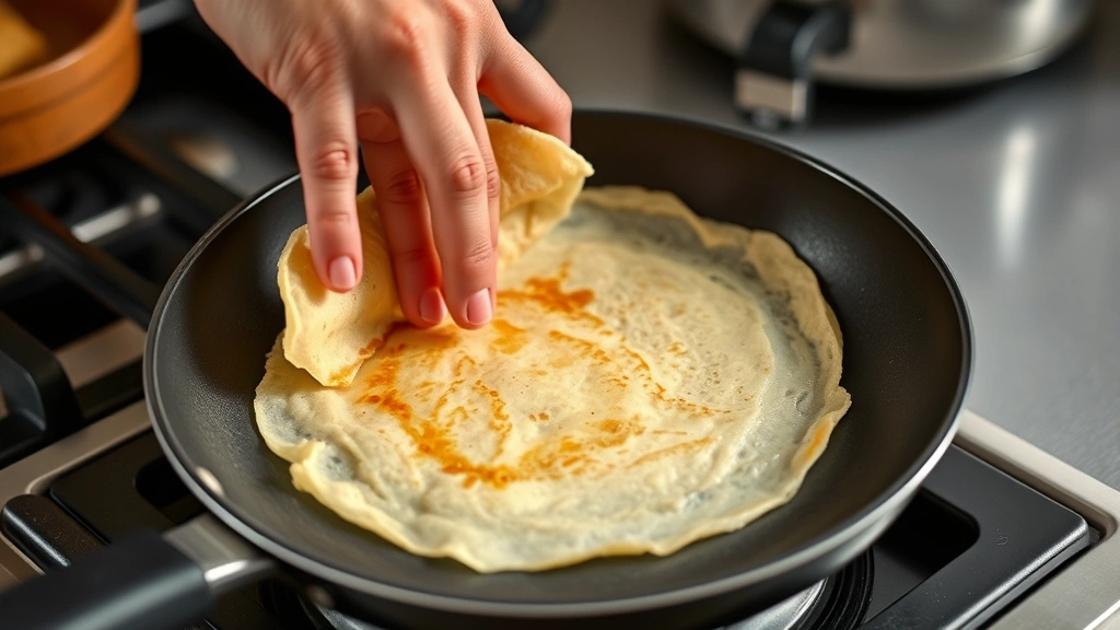 process: hand flipping a delicate crêpe in a non-stick pan over stovetop, golden-brown crepe mid-flip, steam rising, natural kitchen lighting, action shot
