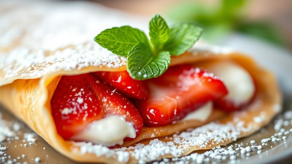 detail: close-up of a perfectly rolled crêpe filled with strawberries and cream, garnished with powdered sugar and fresh mint leaf, shallow depth of field, soft natural light, macro photography