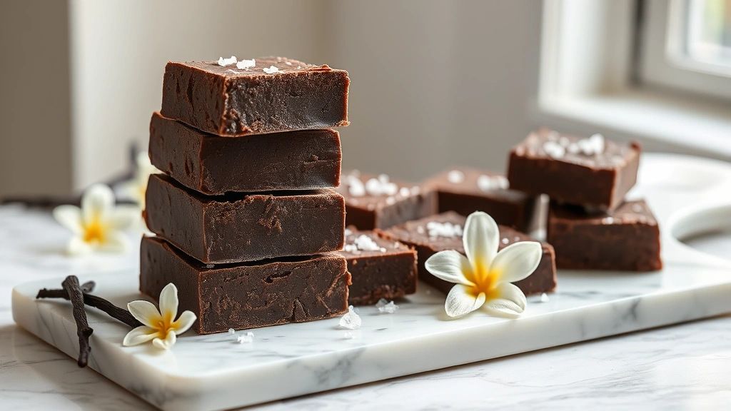 hero: rich dark chocolate fudge squares stacked on white marble board with vanilla flowers and sea salt crystals, photorealistic, natural window light, no text