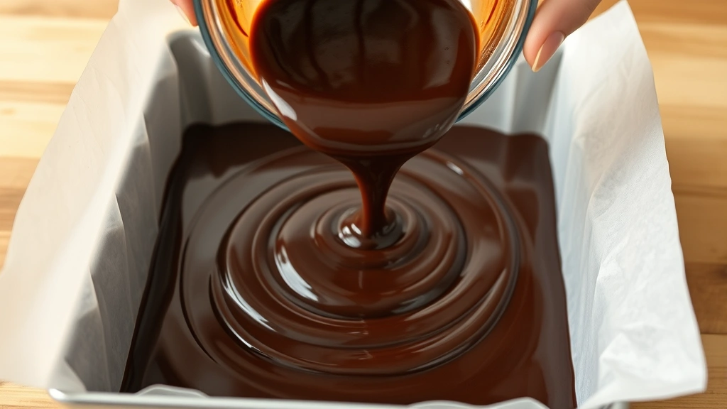 process: hand pouring smooth dark chocolate fudge mixture into parchment-lined square pan, photorealistic, warm kitchen lighting, no text