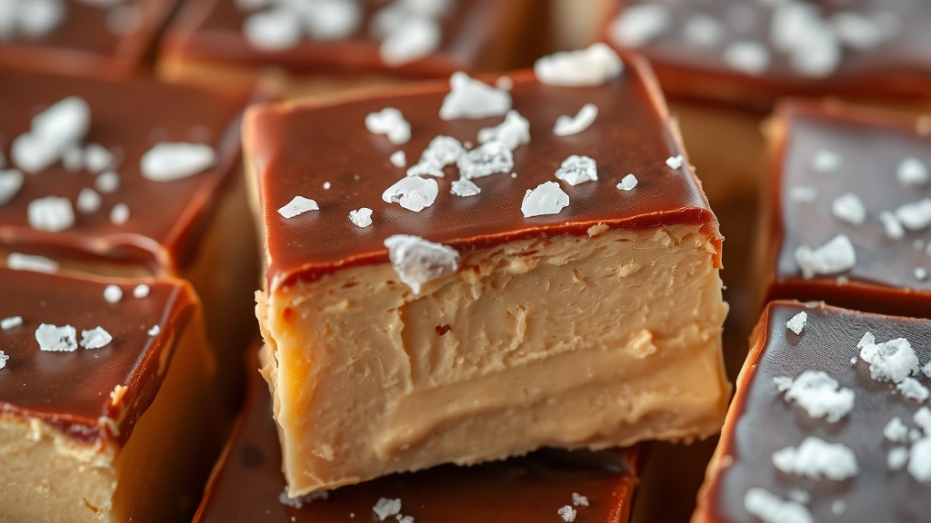 detail: close-up of cut fudge square showing creamy texture and glossy surface with sea salt topping, photorealistic, natural light, no text