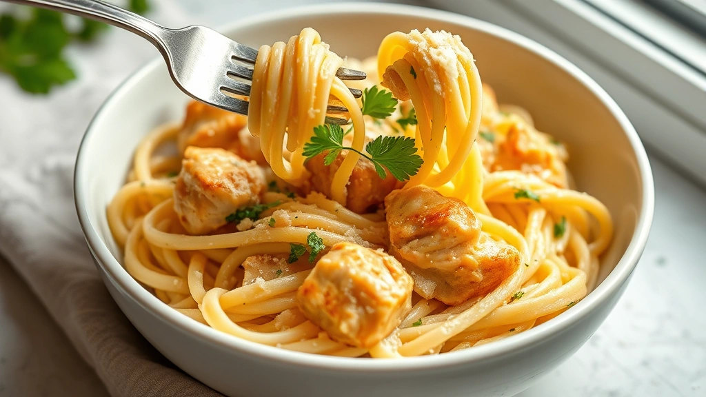 hero: creamy garlic Parmesan chicken pasta in white bowl, golden chicken pieces, fresh parsley garnish, grated Parmesan on top, photorealistic, natural window light, no text, fork twirling pasta