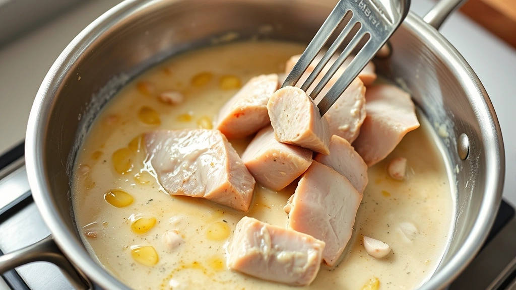 process: sliced chicken breast being added to creamy garlic sauce in stainless steel skillet, butter and garlic visible, photorealistic, natural kitchen light, no text