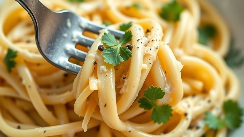 detail: close-up of forked pasta coated in silky cream sauce with melted Parmesan cheese, fresh cracked black pepper, fresh parsley, photorealistic, natural light, no text, shallow depth of field