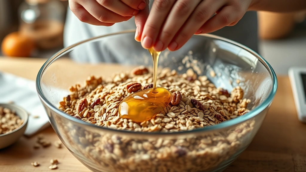 process: hands stirring granola mixture in large bowl with honey and oil coating oats and nuts, photorealistic, warm kitchen lighting, shallow depth of field