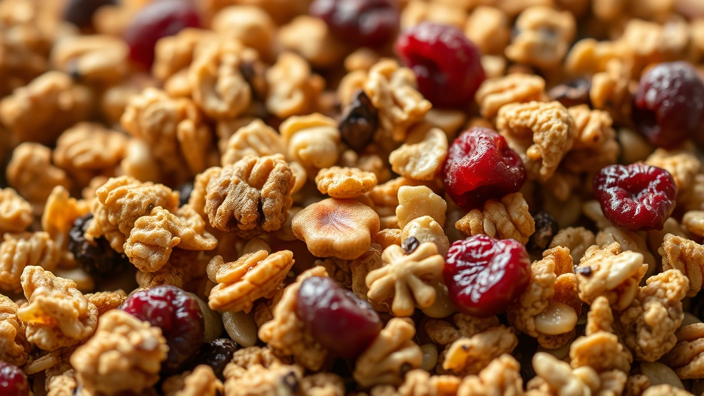 detail: close-up macro shot of granola clusters with nuts seeds and dried cranberries visible, photorealistic, bright natural light, textured surface
