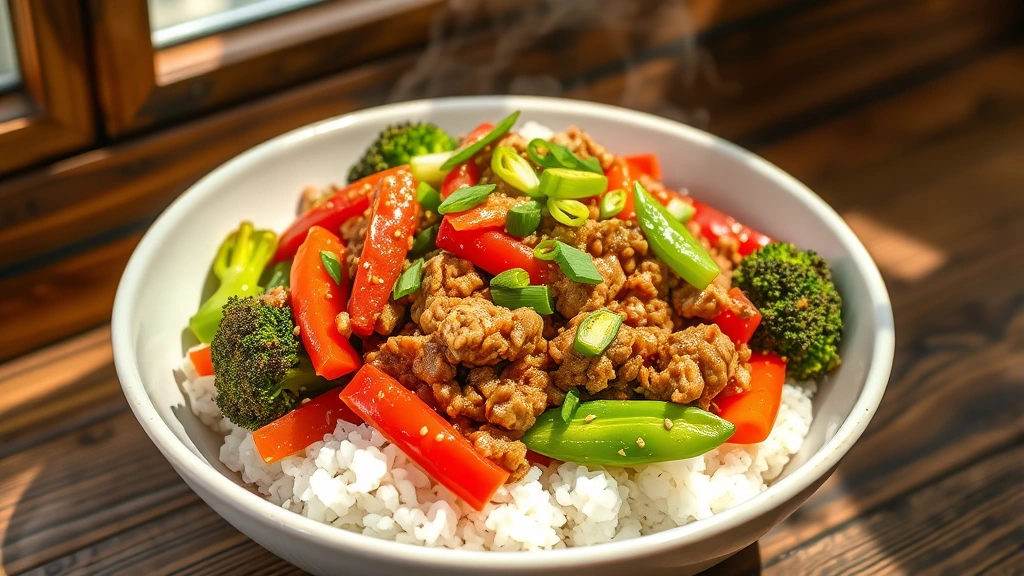 hero: steaming bowl of ground chicken stir-fry with vibrant red peppers, broccoli, and snap peas over white rice, garnished with green onions and sesame seeds, natural window light, rustic wooden table background
